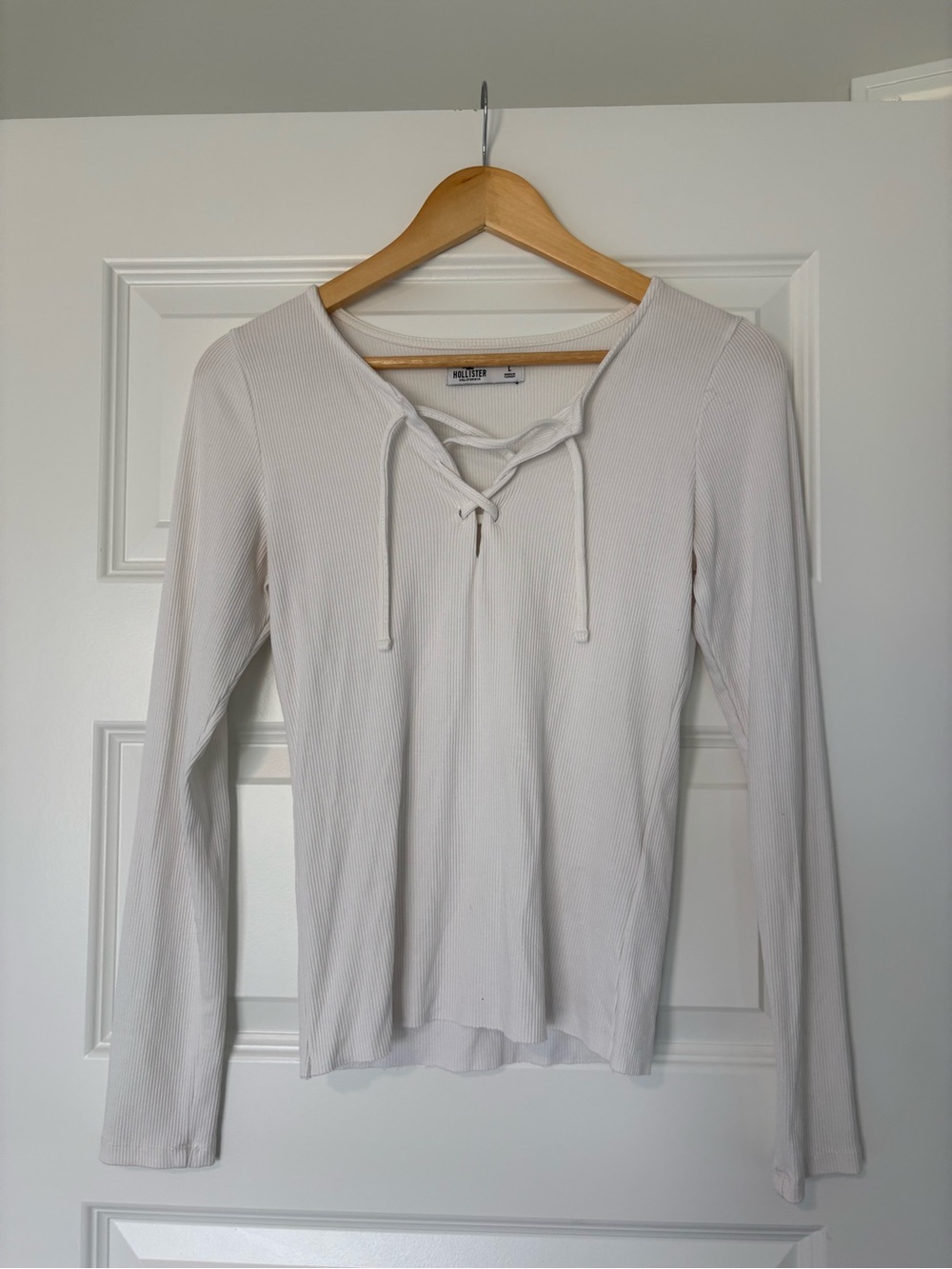 Y2K Hollister White Ribbed Lace-Up Long Sleeve Top Size Large Boho Coquette